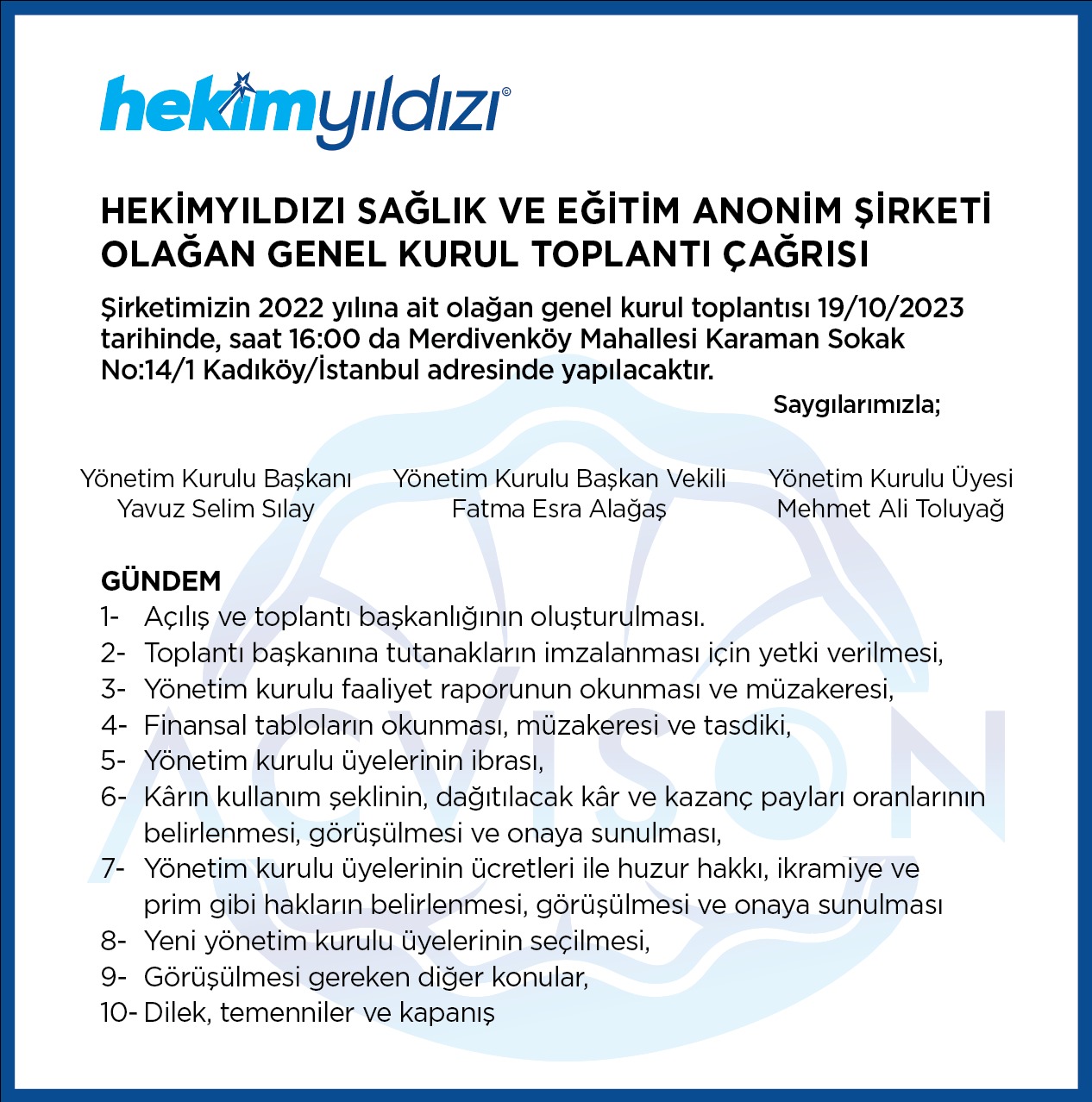 Hekim Yıldızı Genel Kurul Toplantı Çağrısı